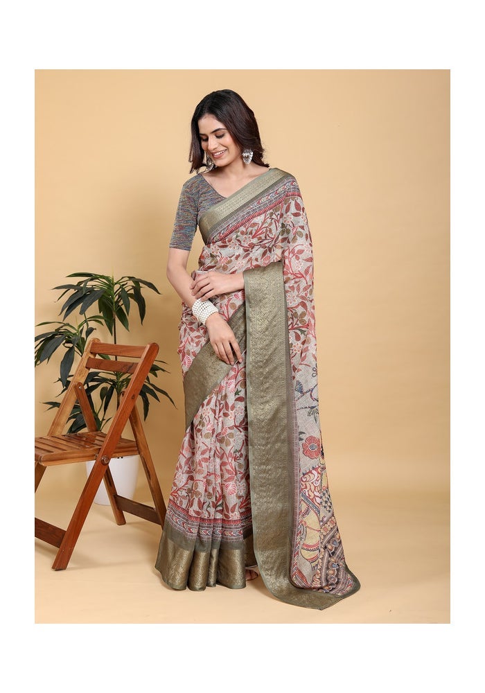 Malishka Export ساري كالمكاري مطبوع باللون البيج الأنيق للنساء - Image 2
